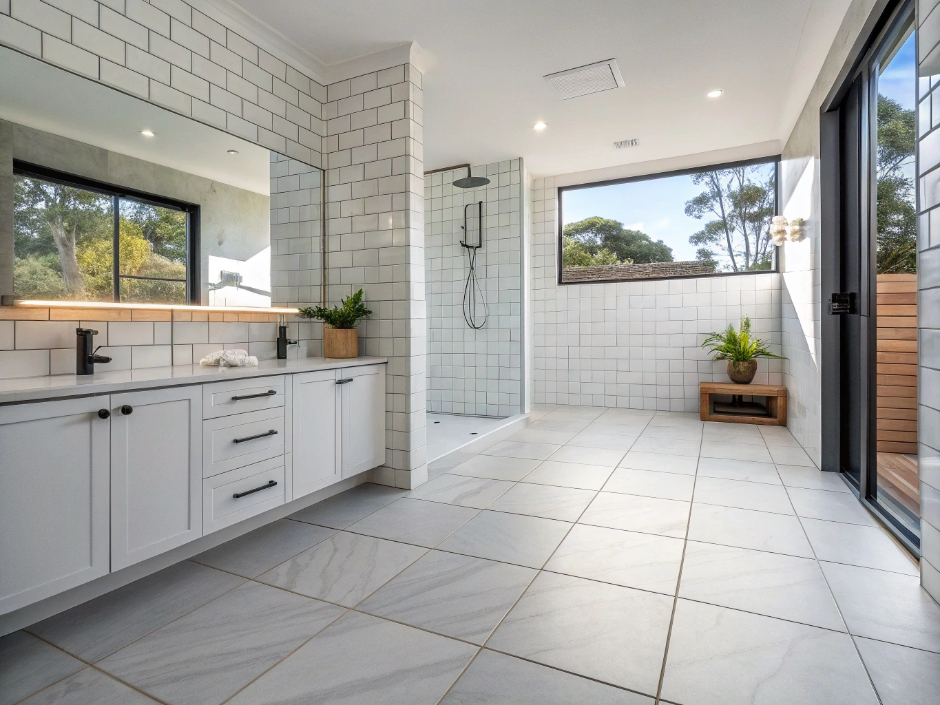 Freshly completed bathroom tiling with light grey porcelain floor tiles and white subway wall tiles