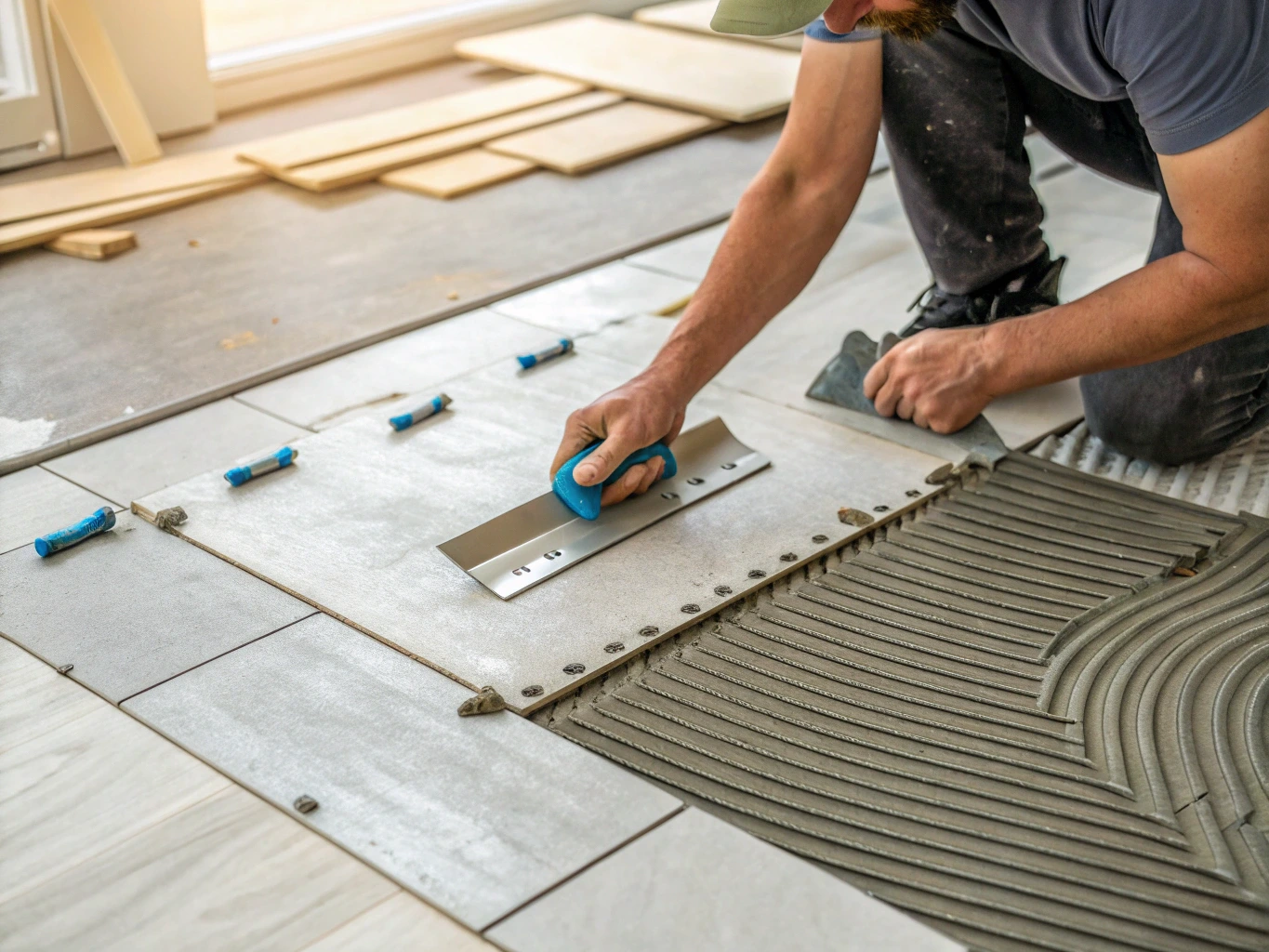 Close-up of a tiler using a notched trowel to spread adhesive and place a tile